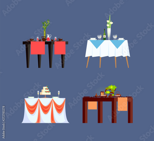 Restaurant tables with tablecloth and vase decoration vector. Isolated icons of desk with empty plates traditional dishes of China Japan wedding cake