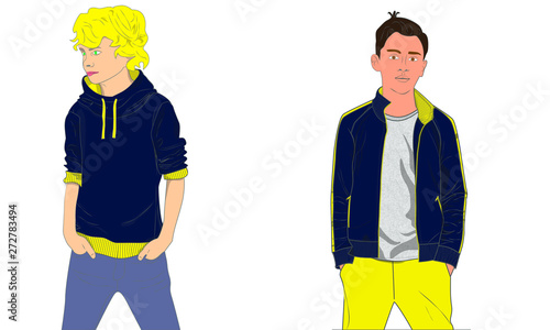 cartoon boy fashion models posing wearing sweatshirt and hoodie