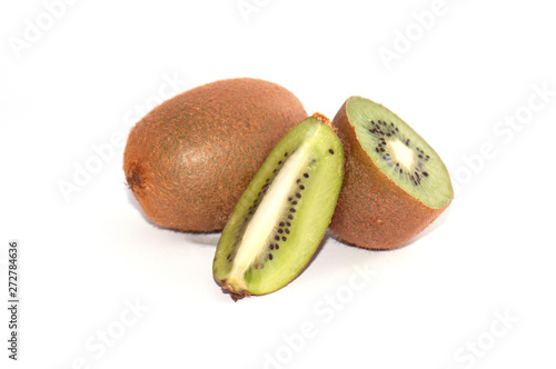 A piece of kiwi and whole fruit, a slice close-up on a white background