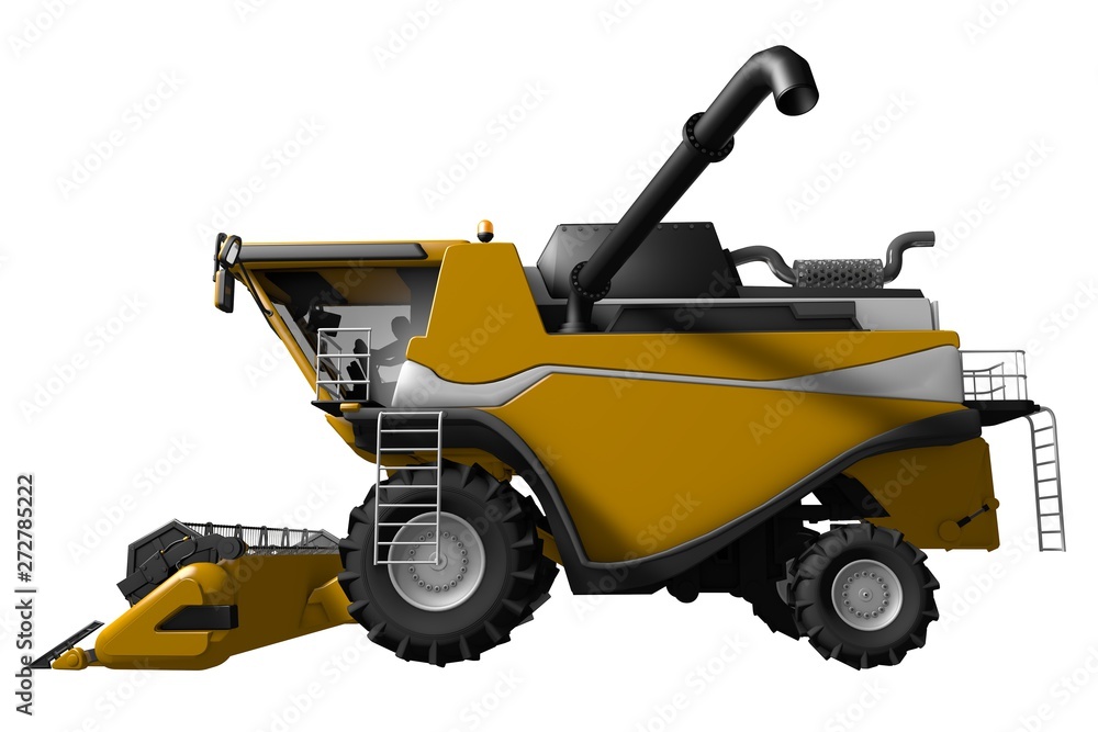 industrial 3D illustration of big cg yellow grain harvester with harvest pipe detached side view isolated on white