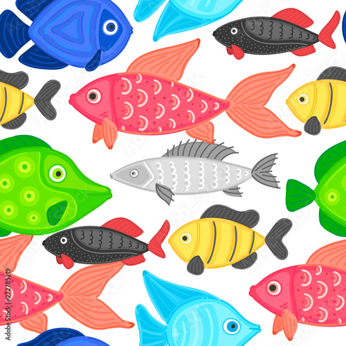 Vector seamless pattern with colorful abstract fish. Undersea world. Aquarium. Wrapping paper, package, wallpaper, poster, clothing and other textile in a pet store, fishing gear shop or aquapark