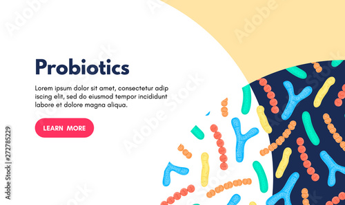 Vector background with probiotics. Bifidobacterium, lactobacillus, streptococcus thermophilus, lactococcus, propionibacterium. Landing page template, banner, mailing, advertising, label, presentation