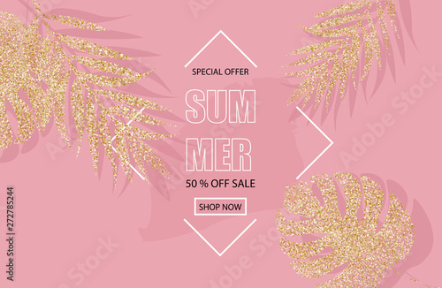 Summer sale banner with glitter golden palm leaves Vector. Pink backgrounds