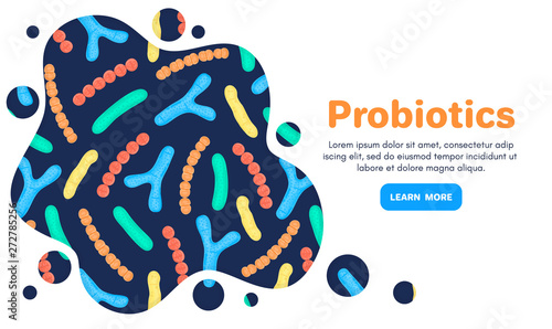 Vector background with probiotics. Bifidobacterium, lactobacillus, streptococcus thermophilus, lactococcus, propionibacterium. Landing page template, banner, mailing, advertising, label, presentation