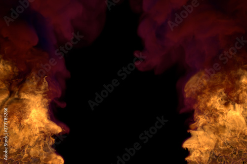 magic glowing fire on black, frame with heavy smoke - fire from the left and right corners - fire 3D illustration