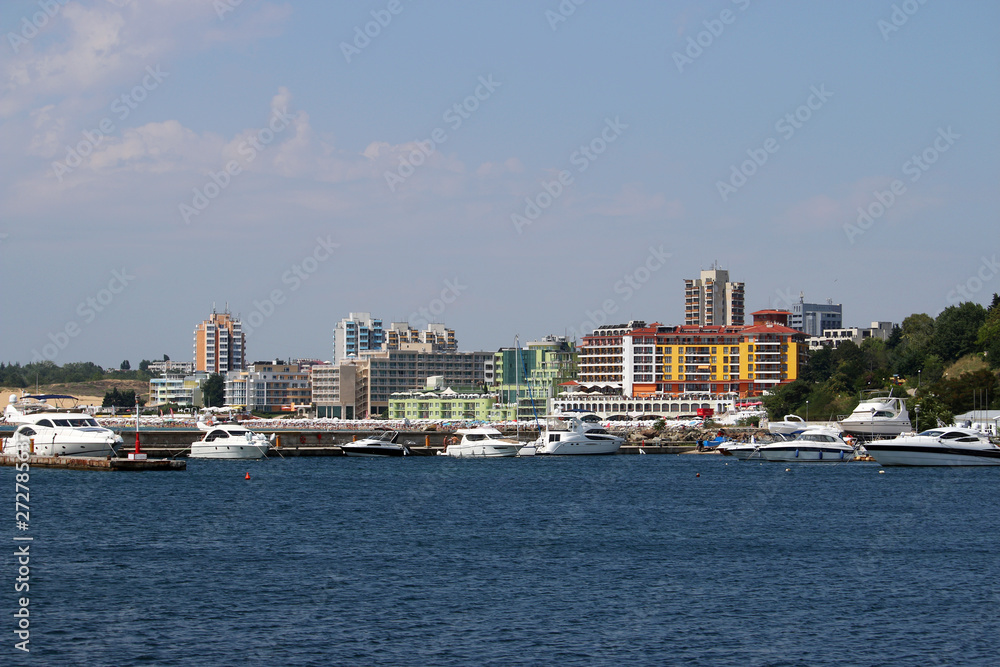 port with yachts and hotel buildings Nessebar Bulgaria summer season