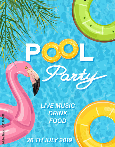 Summer pool party poster with flamingo lifering Vector. Summer banner blue wa...
