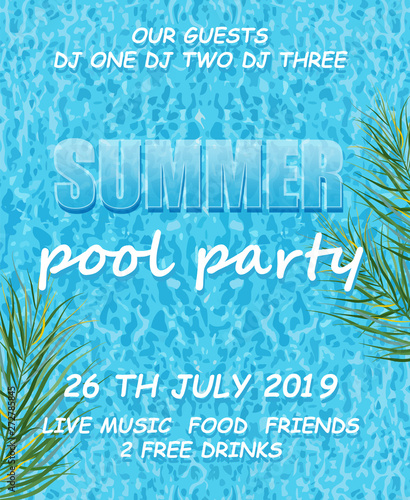 Summer pool party poster Vector. Summer banner blue water backgrounds