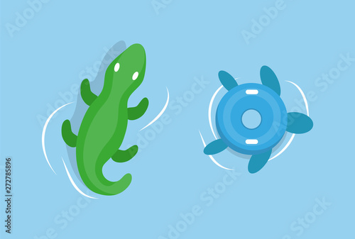 Inflatable crocodile and tortoise in sea waters, cartoon toy. Vector green reptile nautical safety aid. Rubber animal lifebuoy or lifesaver, swimming equipment