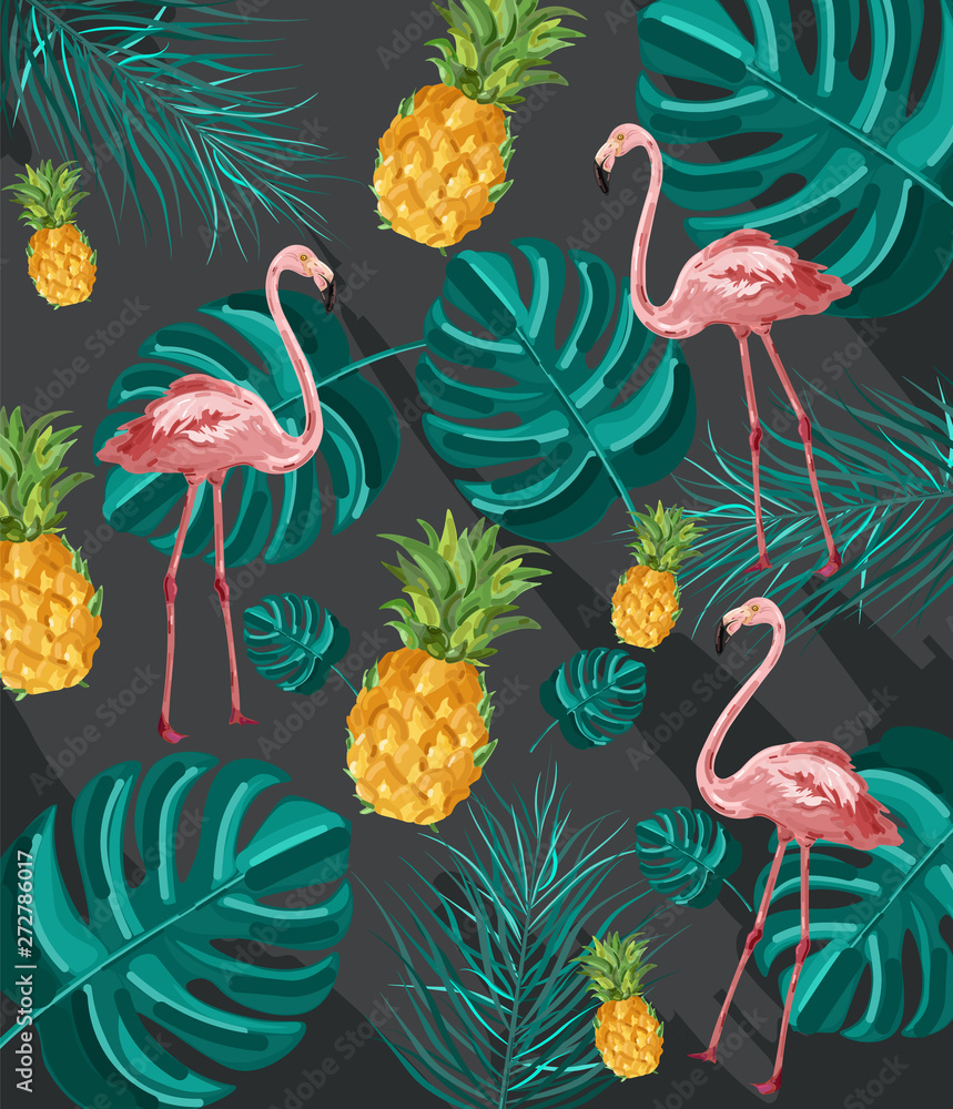 Naklejka premium Summer tropic pattern Vector. Flamingo and green palm leaves decor textures
