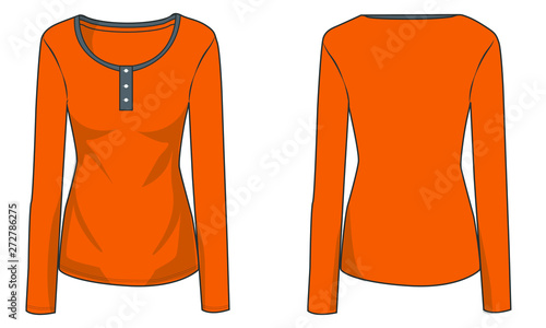 Womens Long Sleeve Henley Fashion Drawing Techpack Mock Up Vector With Shadows
