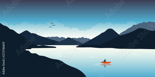 lonely canoeing adventure with orange boat on the lake vector illustration EPS10