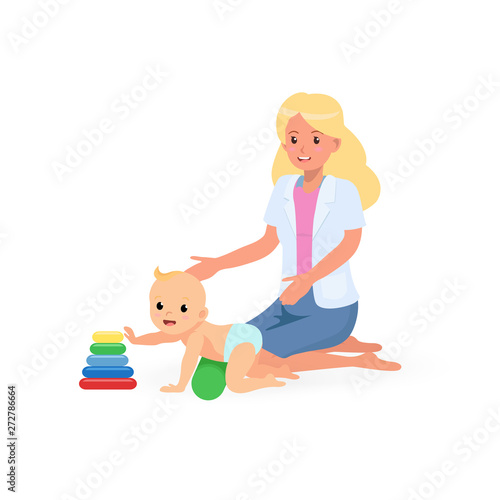 Occupational therapy treatment session on screening development of kids. Concept for pediatric clinic, pediatrician and learning in children. Vector illustration isolated on white background.