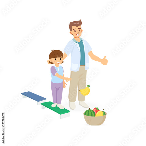 Occupational therapy treatment session on screening development of kids. Concept for pediatric clinic, pediatrician and learning in children. Vector illustration isolated on white background.