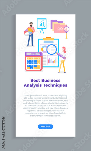 Business analysis techniques vector, clipboard with data of project. Calculator with numeric info, table with infographics, people optimizing company