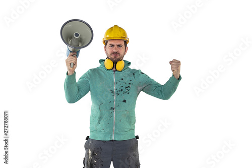 the construction worker holds a megaphone in his hands, the concept of issuing orders