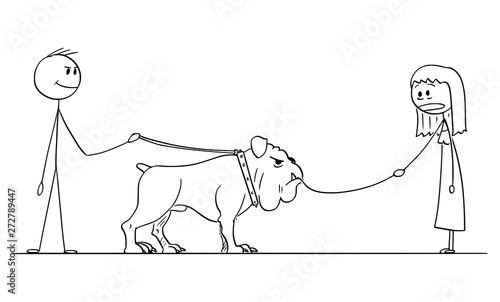 Vector cartoon stick figure drawing conceptual illustration of man with big dog on leash who eat or devour small dog leaded by woman.