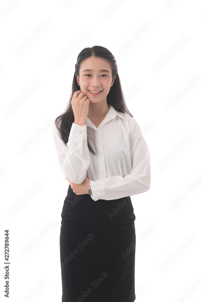 Beautiful asian business woman wearing white shirt and black skirt looking  at camera and smile isolated on white background, side view, Free from copy  space. Stock Photo | Adobe Stock