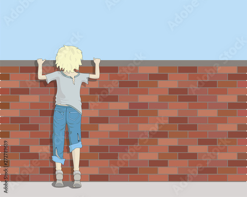 Poor Boy Looking Over Brick Wall