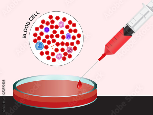 Syringe injects a drop of blood into petri dish vector ESP10