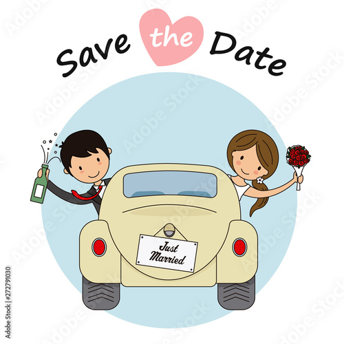 Wedding invitation card. Bride and groom waving inside a car