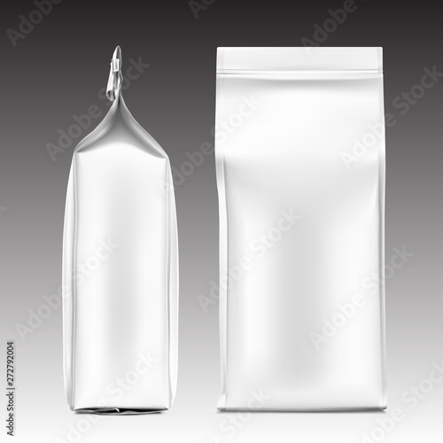 Quad seal bag. Vector illustration on black background. Can be use for coffee, tea, salt, snack, flour and etc. Packaging mockup ready for your design. EPS10.