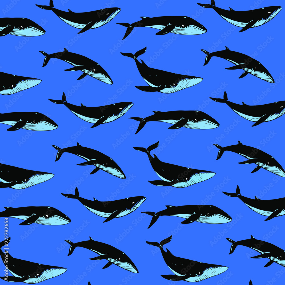 Fototapeta premium Cartoon whale - simple trendy pattern with whalel. Cartoon vector illustration for prints, clothing, packaging and postcards.