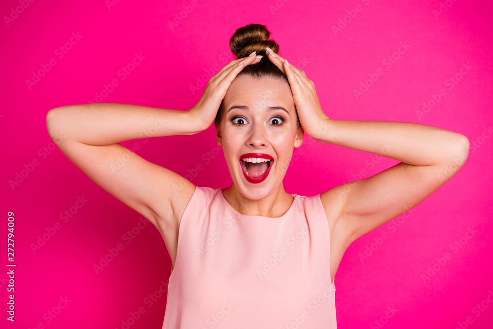 Close-up portrait of her she nice-looking charming attractive fascinating lovely cheerful cheery overjoyed girl news fan yes goal isolated over bright vivid shine pink fuchsia background Close-up portrait of her she nice-looking charming attractive fascinating lovely cheerful cheery overjoyed girl news fan yes goal isolated over bright vivid shine pink fuchsia background