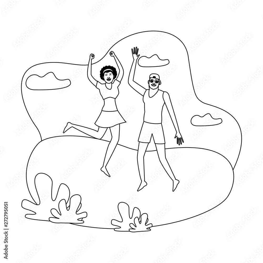 Happy couple in summer cartoons in black and white Happy couple in summer cartoons in black and white