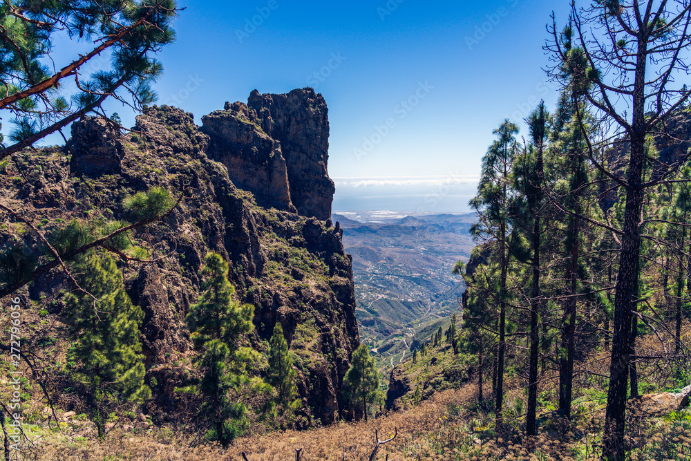 Beautiful mountain and forest view (with dark burnt trees) from roque nublo trek path, Gran Canaria, Canary island in Spain. Beautiful mountain and forest view (with dark burnt trees) from roque nublo trek path, Gran Canaria, Canary island in Spain.