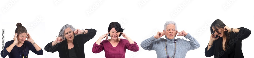 woman that his ears hurt because there is a lot of noise in white background woman that his ears hurt because there is a lot of noise in white background