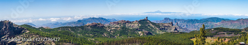 Colorful and scenic panorama View Of Roque Nublo And El Teide - Tejeda, Gran Canaria, Canary Islands, Spain