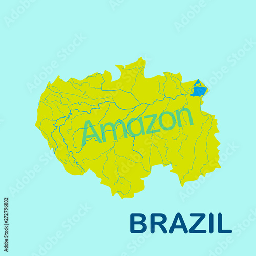 Amazon river map in yellow color on blue background. Vector illustration of amazon map Brazil. 