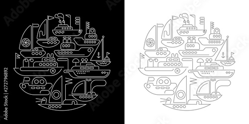 Ships and Yachts round shape line art designs