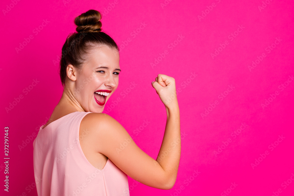 Portrait of funny funky cute charming lovely person people dressed top-knot haircut hairdo shout yeah have fortune lucky celebrate lottery isolated bright background Portrait of funny funky cute charming lovely person people dressed top-knot haircut hairdo shout yeah have fortune lucky celebrate lottery isolated bright background