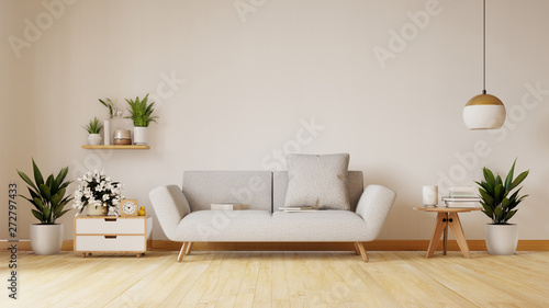Modern living room with white sofa have cabinet and wood shelves on wood flooring and white wall ,3d rendering