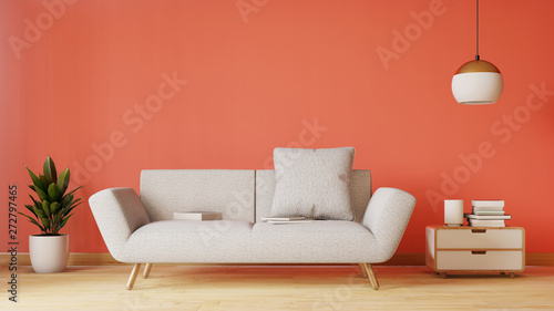 Modern living room interior with sofa and green plants,lamp,table on living .3d renderin.