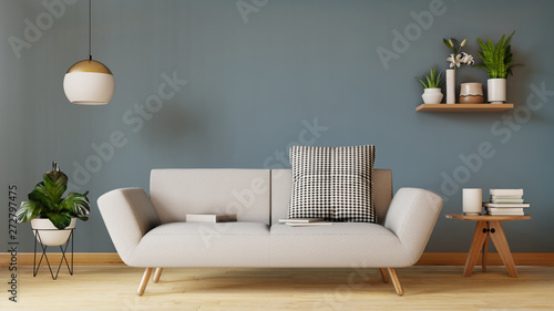 Modern living room interior with sofa and green plants lamp table on living .3d renderin.