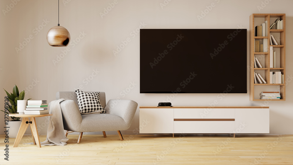 Interior poster mock up living room with colorful white sofa and armchair. 3D rendering.