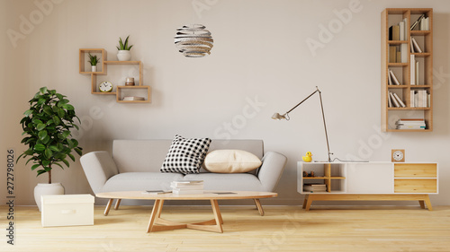Interior mock up with sofa in living room with white wall. 3D rendering.