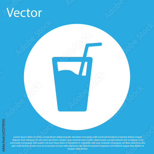 Blue Glass with water and tube for drinking icon isolated on blue background. Soda glass. White circle button. Flat design. Vector Illustration