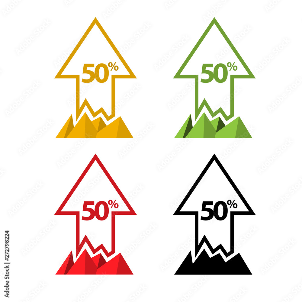 Fifty percent up, upwards arrow illustration Fifty percent up, upwards arrow illustration