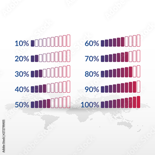 Percentage vector infographics. 10 20 30 40 50 60 70 80 90 100 percent chart symbols on world map. Isolated icons for business, download, sound, web design, template