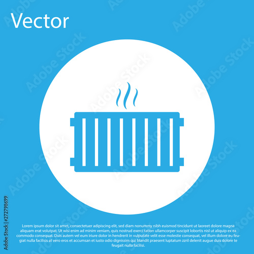 Blue Heating radiator icon isolated on blue background. White circle button. Flat design. Vector Illustration