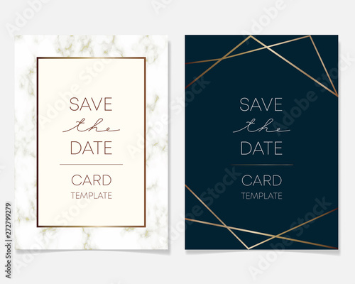 Wedding Invitation card design with golden frames and marble texture. Luxury marble with gold geometric frame design template.