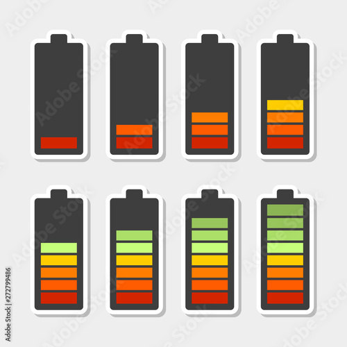 Set of battery icons with white stroke. Sort by charge level. Sticker style. Vector illustration on white background