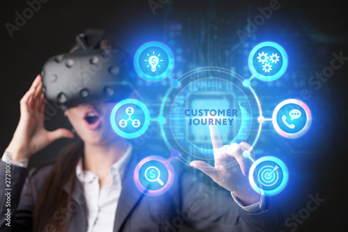 The concept of business, technology, the Internet and the network. A young entrepreneur working on a virtual screen of the future and sees the inscription: Customer journey