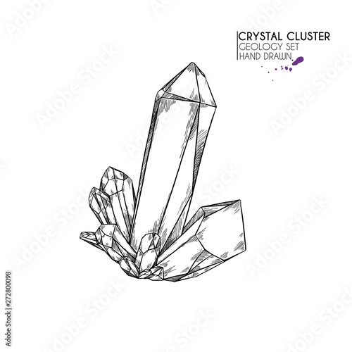 Hand drawn crystal cluster. Vector mineral illustration. Amethyst or quartz stone. Isolated natural gem. Geology set. Use for decoration, flyer, banner, halloween, wedding, witch stuff.