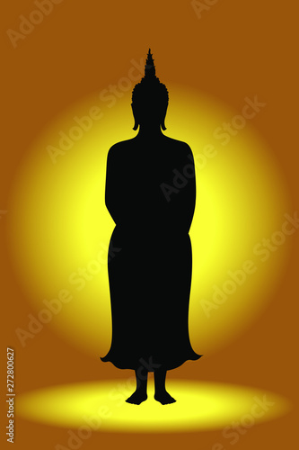 Silhouette Buddha Siddhartha gautama standing with golden background