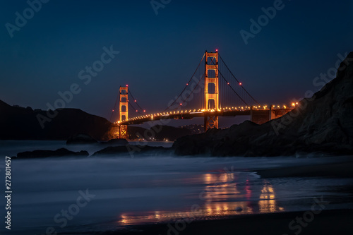 Golden Gate Bridge at night as seen from Baker Beach, San Francisco, California, United States of America